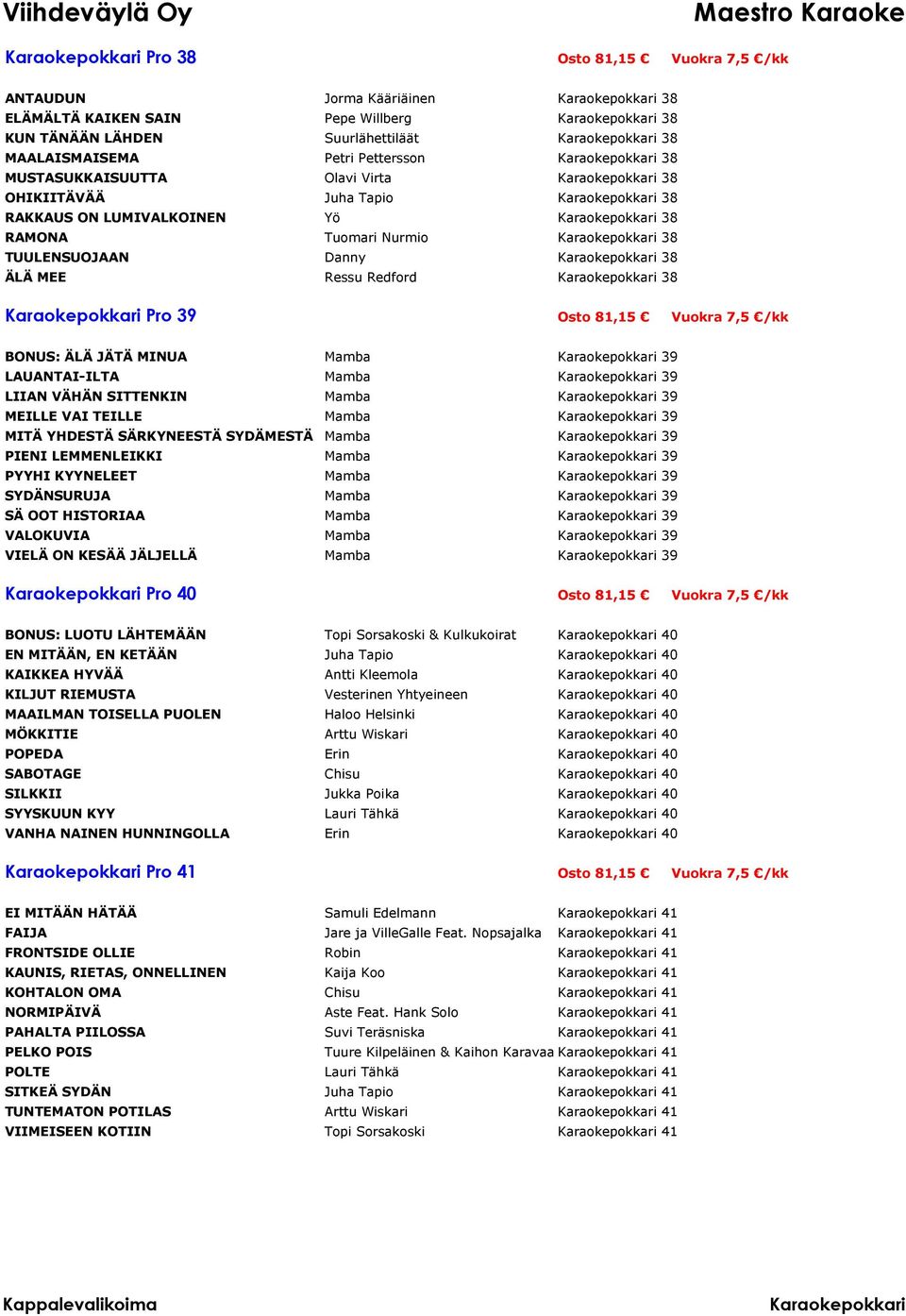 39 LAUANTAI-ILTA Mamba 39 LIIAN VÄHÄN SITTENKIN Mamba 39 MEILLE VAI TEILLE Mamba 39 MITÄ YHDESTÄ SÄRKYNEESTÄ SYDÄMESTÄ Mamba 39 PIENI LEMMENLEIKKI Mamba 39 PYYHI KYYNELEET Mamba 39 SYDÄNSURUJA Mamba