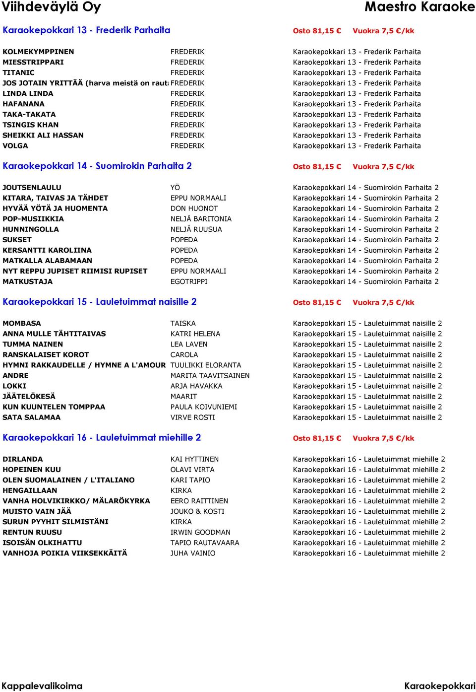 TSINGIS KHAN FREDERIK 13 - Frederik Parhaita SHEIKKI ALI HASSAN FREDERIK 13 - Frederik Parhaita VOLGA FREDERIK 13 - Frederik Parhaita 14 - Suomirokin Parhaita 2 Osto 81,15 Vuokra 7,5 /kk JOUTSENLAULU