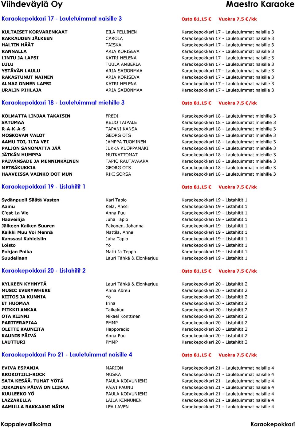 SAIJONMAA 17 - Lauletuimmat naisille 3 RAKASTUNUT NAINEN ARJA KORISEVA 17 - Lauletuimmat naisille 3 ALMAZ ONNEN LAPSI KATRI HELENA 17 - Lauletuimmat naisille 3 URALIN PIHLAJA ARJA SAIJONMAA 17 -