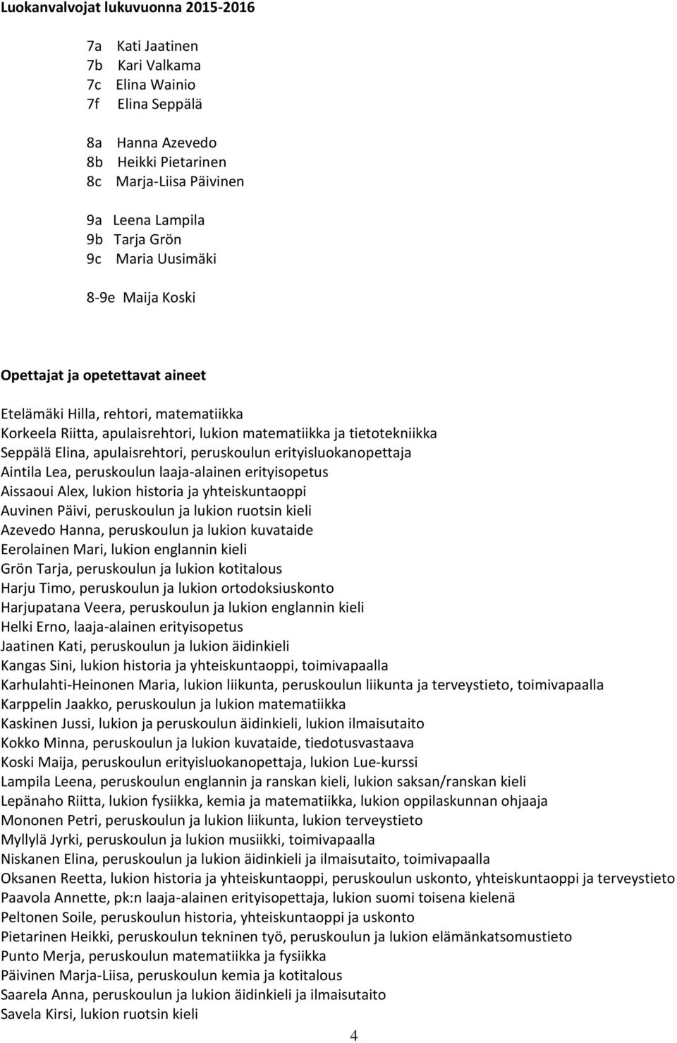 apulaisrehtori, peruskoulun erityisluokanopettaja Aintila Lea, peruskoulun laaja-alainen erityisopetus Aissaoui Alex, lukion historia ja yhteiskuntaoppi Auvinen Päivi, peruskoulun ja lukion ruotsin