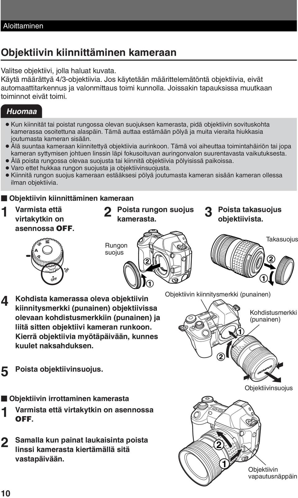 Huomaa Kun kiinnität tai poistat rungossa olevan suojuksen kamerasta, pidä objektiivin sovituskohta kamerassa osoitettuna alaspäin.