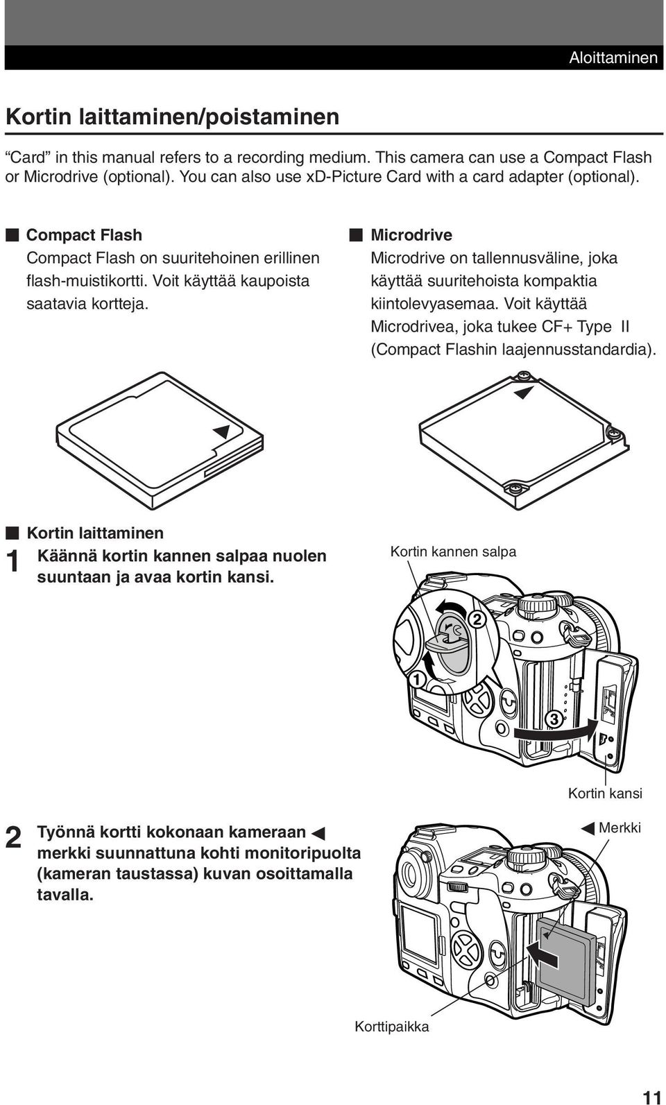 Microdrive Microdrive on tallennusväline, joka käyttää suuritehoista kompaktia kiintolevyasemaa. Voit käyttää Microdrivea, joka tukee CF+ Type II (Compact Flashin laajennusstandardia).