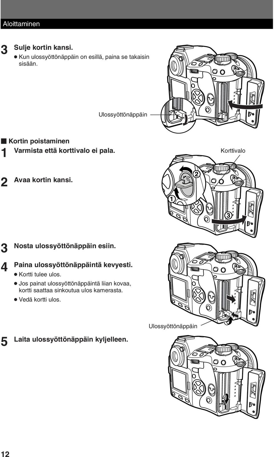 3 4 Nosta ulossyöttönäppäin esiin. Paina ulossyöttönäppäintä kevyesti. Kortti tulee ulos.