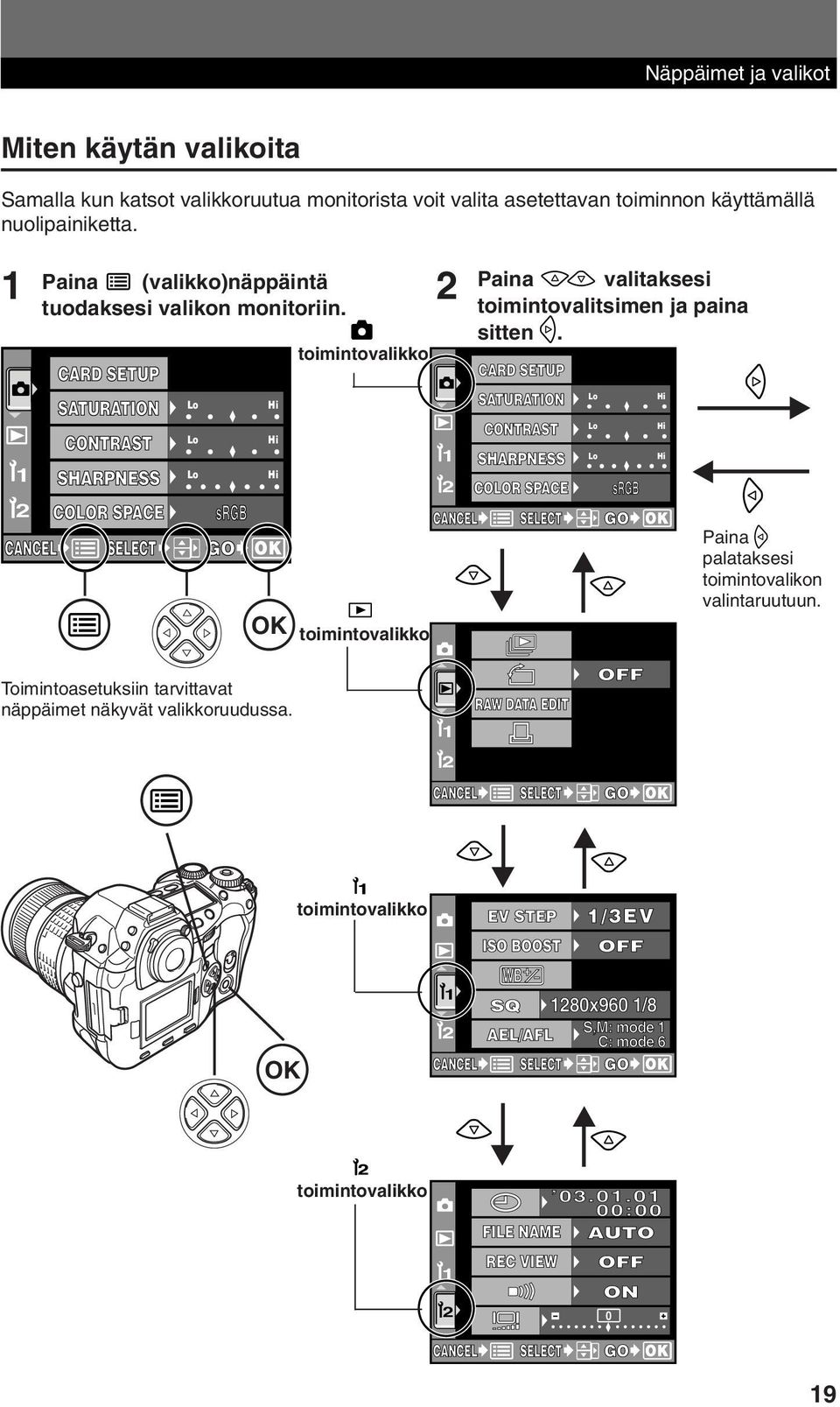 Lo Lo Lo Hi Hi Hi OK OK toimintovalikko toimintovalikko toimintovalikko 2 CARD SETUP SATURATIONTION CONTRAST SHARPNESS COLOR SPACE Lo Lo Lo srgb CANCEL SELECT GO 2 RAW DATA A EDIT OFF CANCEL SELECT