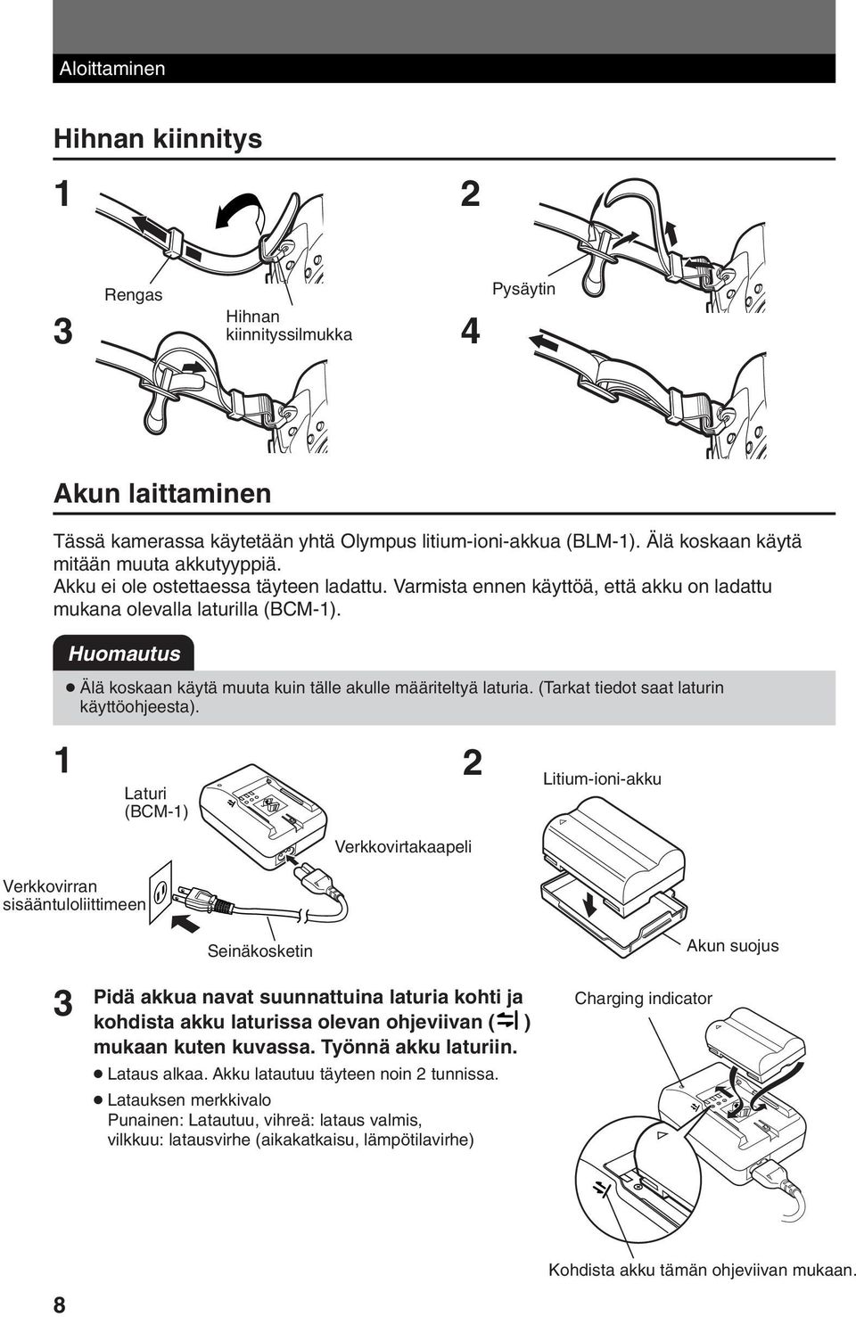 Huomautus Älä koskaan käytä muuta kuin tälle akulle määriteltyä laturia. (Tarkat tiedot saat laturin käyttöohjeesta).