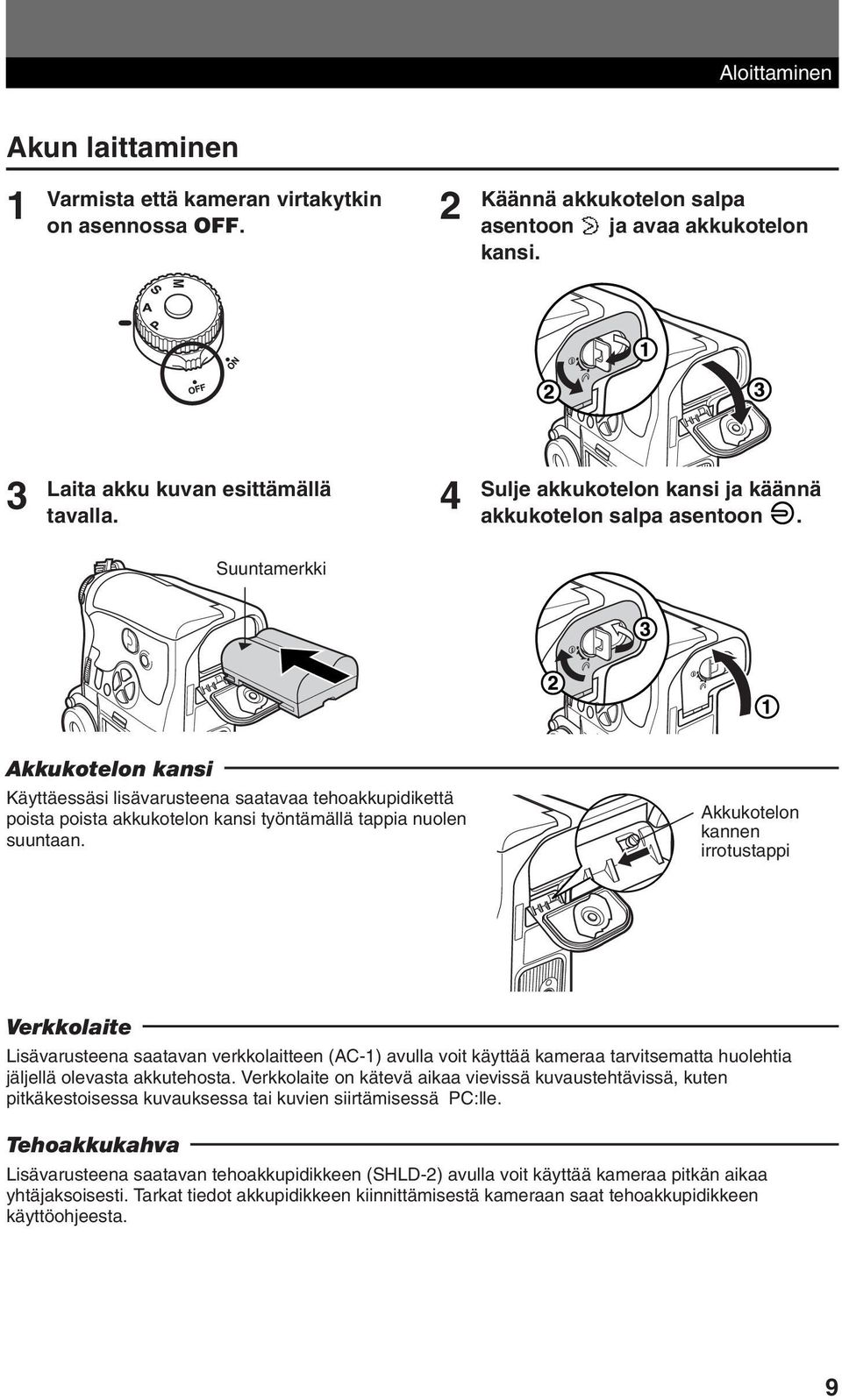 Suuntamerkki Akkukotelon kansi Käyttäessäsi lisävarusteena saatavaa tehoakkupidikettä poista poista akkukotelon kansi työntämällä tappia nuolen suuntaan.