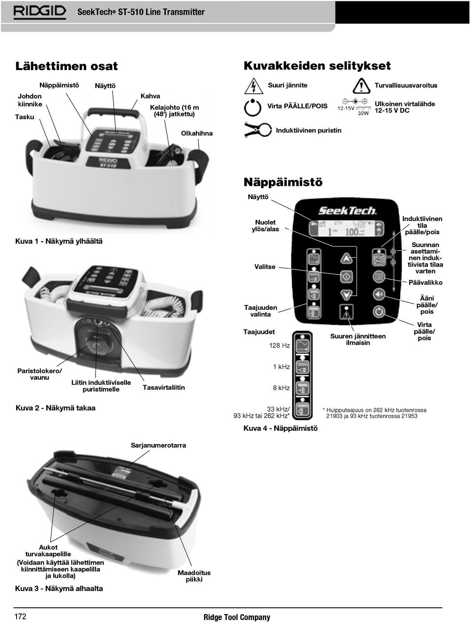 Taajuuden valinta Taajuudet 128 Hz Suuren jännitteen ilmaisin Ääni päälle/ pois Virta päälle/ pois Paristolokero/ vaunu Liitin induktiiviselle puristimelle Tasavirtaliitin 1 khz 8 khz Kuva 2 - Näkymä