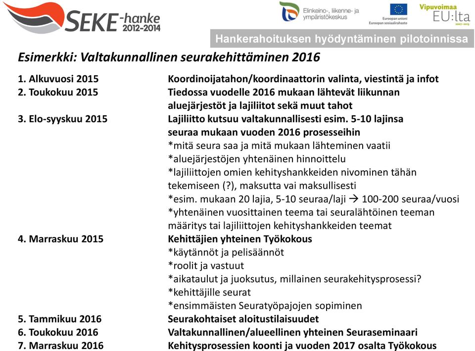 5-10 lajinsa seuraa mukaan vuoden 2016 prosesseihin *mitä seura saa ja mitä mukaan lähteminen vaatii *aluejärjestöjen yhtenäinen hinnoittelu *lajiliittojen omien kehityshankkeiden nivominen tähän