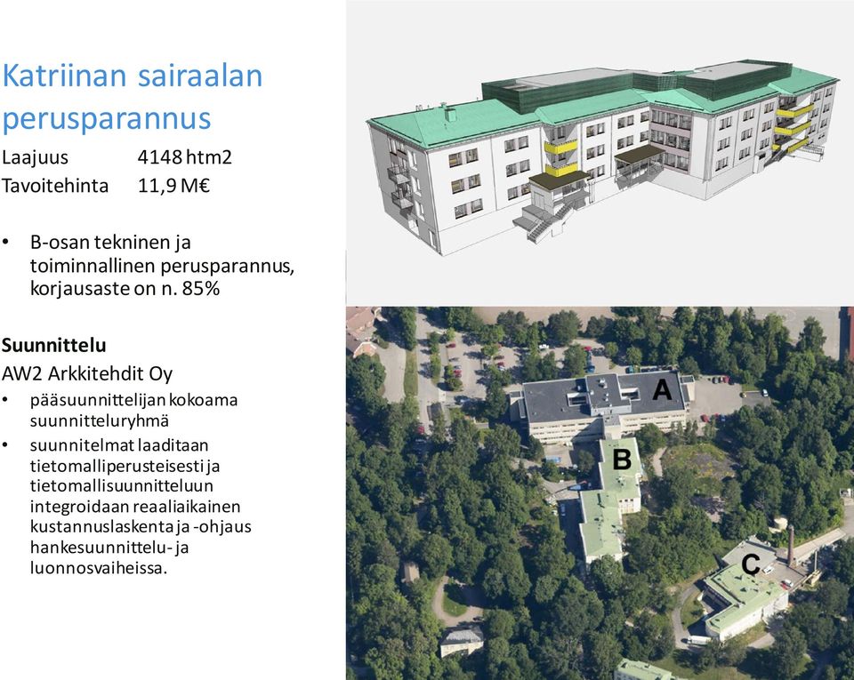 85% Suunnittelu AW2 Arkkitehdit Oy pääsuunnittelijan kokoama suunnitteluryhmä suunnitelmat