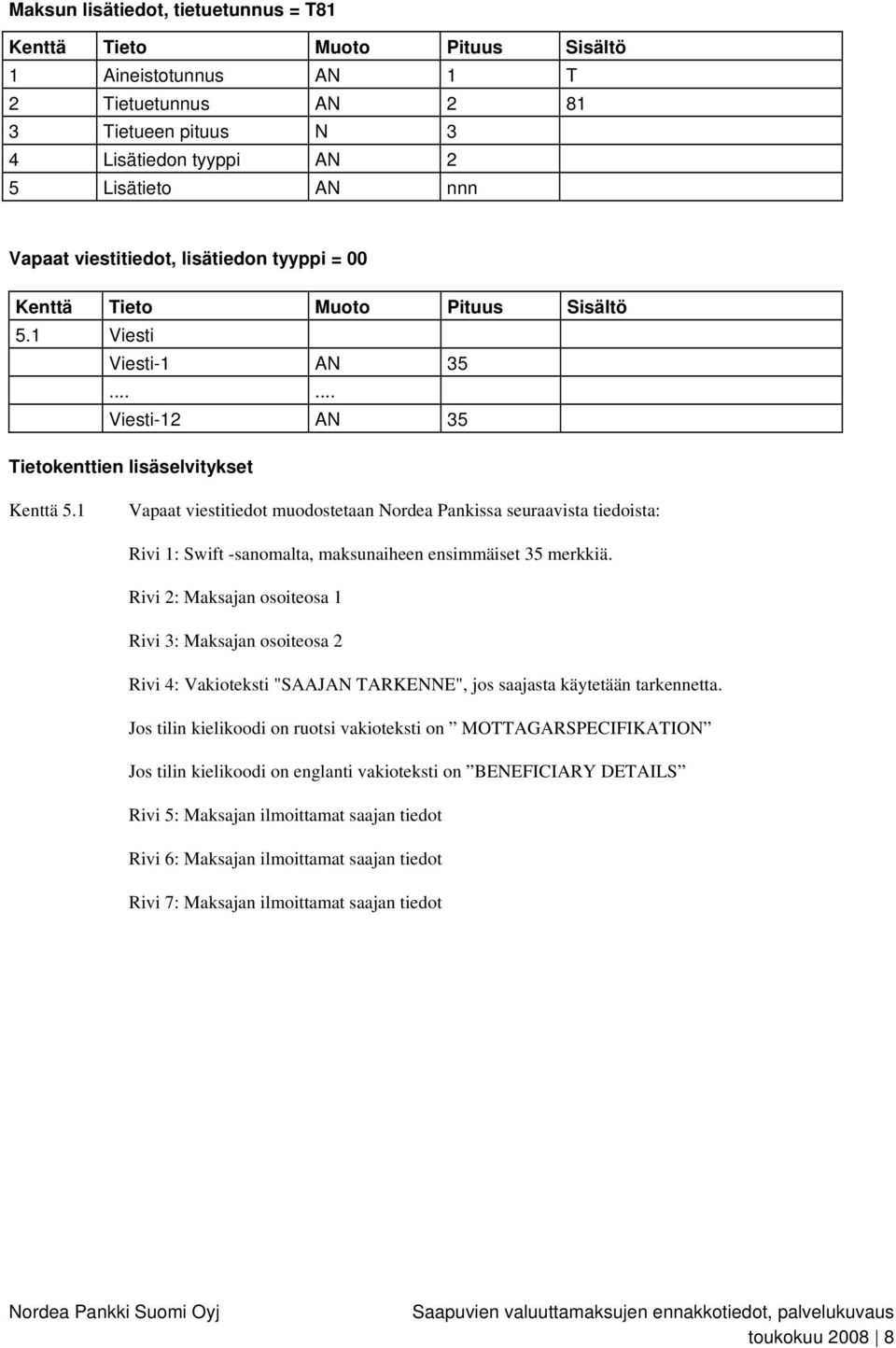 1 Vapaat viestitiedot muodostetaan Nordea Pankissa seuraavista tiedoista: Rivi 1: Swift -sanomalta, maksunaiheen ensimmäiset 35 merkkiä.