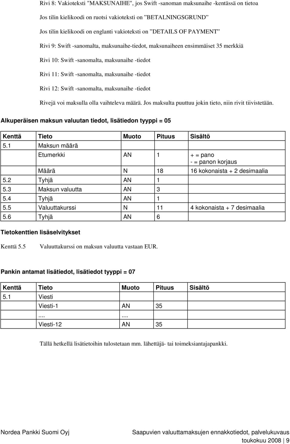 12: Swift -sanomalta, maksunaihe -tiedot Rivejä voi maksulla olla vaihteleva määrä. Jos maksulta puuttuu jokin tieto, niin rivit tiivistetään.