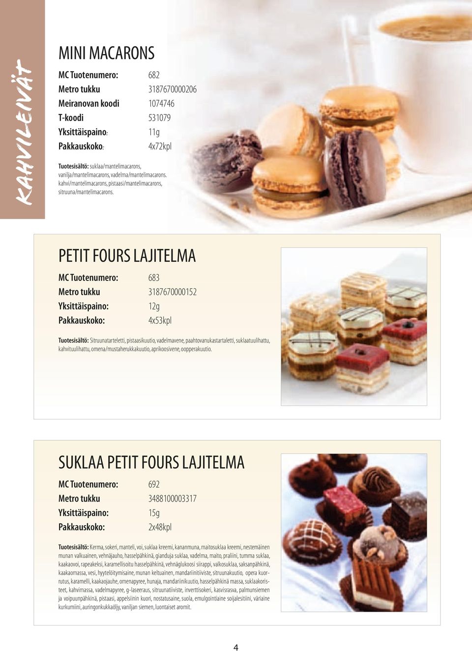 PETIT FOURS LAJITELMA MC Tuotenumero: 683 Metro tukku 3187670000152 12g 4x53kpl Tuotesisältö: Sitruunatarteletti, pistaasikuutio, vadelmavene, paahtovanukastartaletti, suklaatuulihattu,