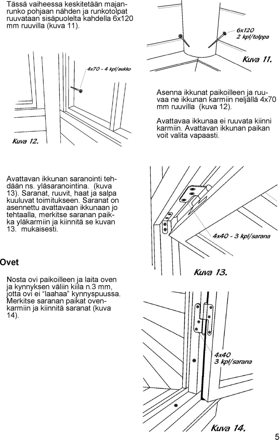 Avattavan ikkunan saranointi tehdään ns. yläsaranointina. (kuva 13). Saranat, ruuvit, haat ja salpa kuuluvat toimitukseen.