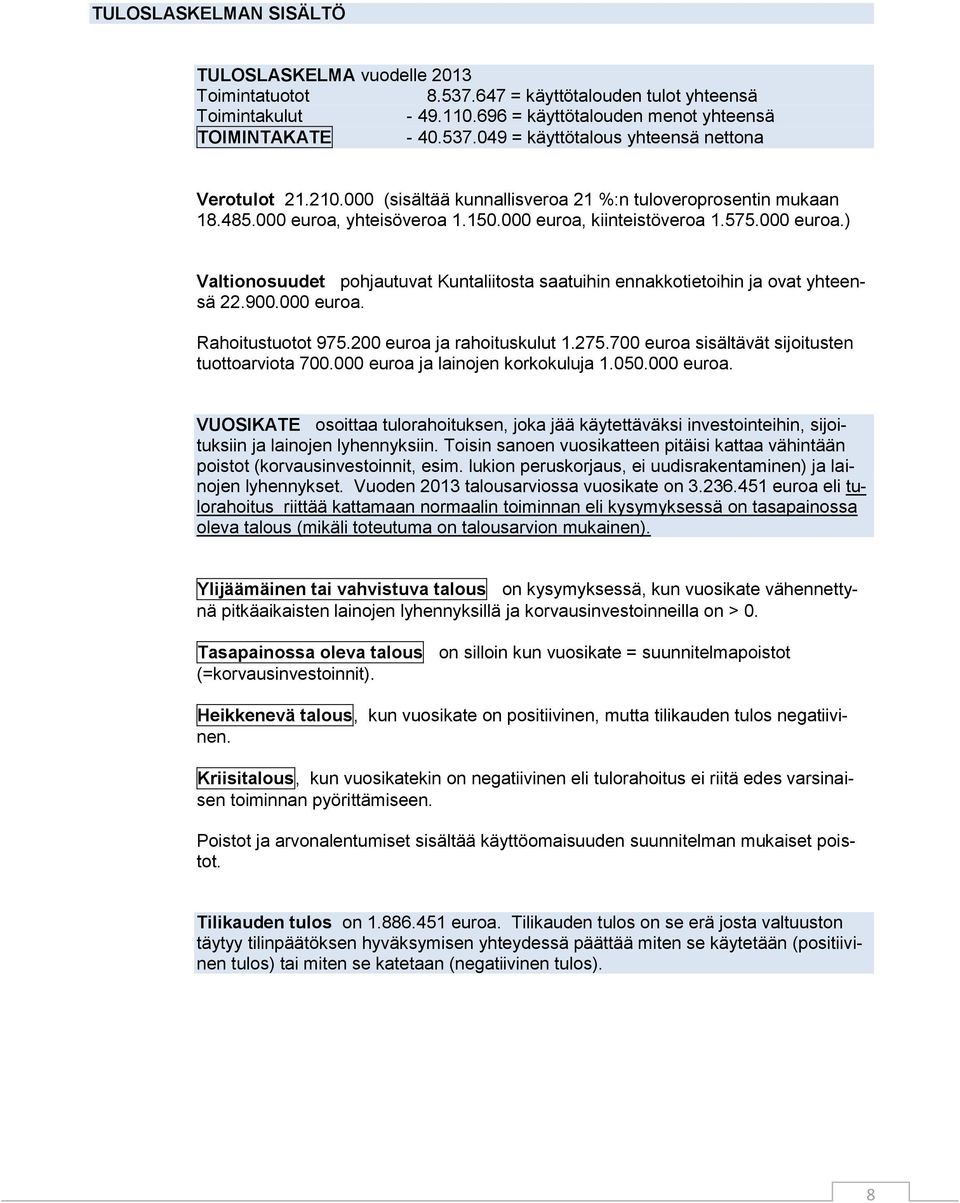 900.000 euroa. Rahoitustuotot 975.200 euroa ja rahoituskulut 1.275.700 euroa sisältävät sijoitusten tuottoarviota 700.000 euroa ja lainojen korkokuluja 1.050.000 euroa. VUOSIKATE osoittaa tulorahoituksen, joka jää käytettäväksi investointeihin, sijoituksiin ja lainojen lyhennyksiin.