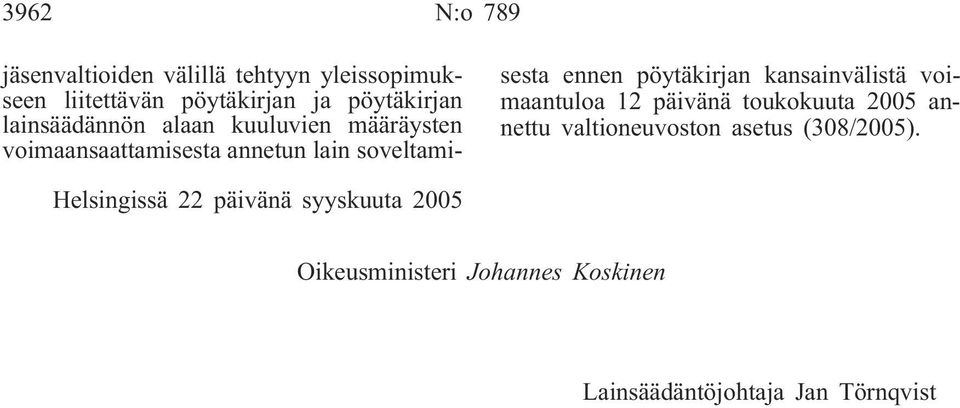 pöytäkirjan kansainvälistä voimaantuloa 12 päivänä toukokuuta 2005 annettu valtioneuvoston asetus