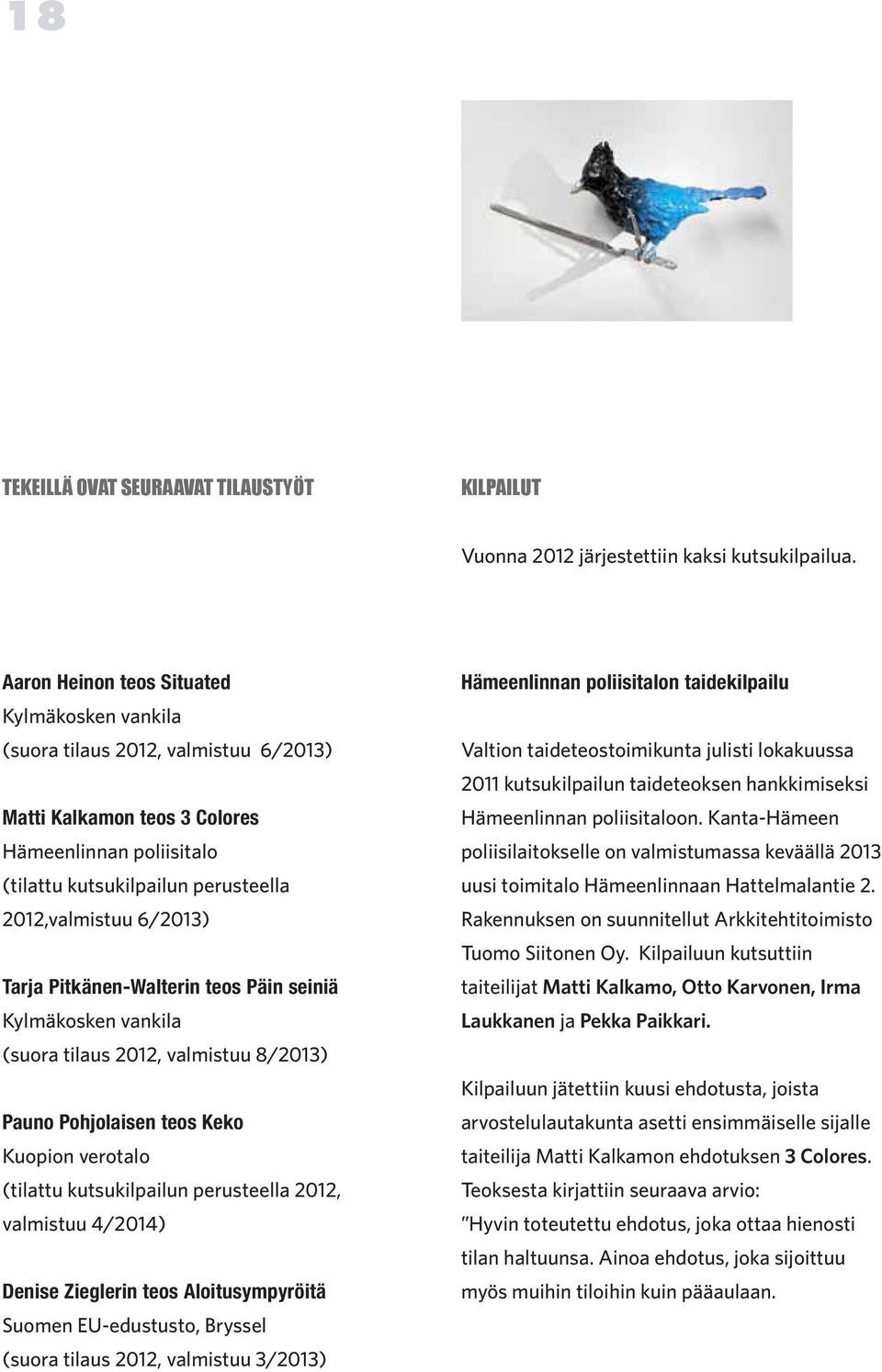 Tarja Pitkänen-Walterin teos Päin seiniä Kylmäkosken vankila (suora tilaus 2012, valmistuu 8/2013) Pauno Pohjolaisen teos Keko Kuopion verotalo (tilattu kutsukilpailun perusteella 2012, valmistuu