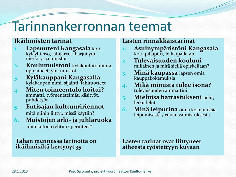 Entisajan kulttuuririennot mitä niihin liittyi, missä käytiin? 6. Muistojen arki- ja juhlaruoka mitä kotona tehtiin? perinteet?