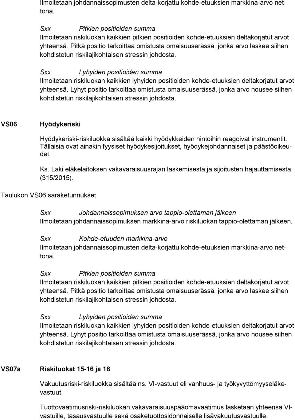 Taulukon VS06 saraketunnukset VS07a Riskiluokat 15-16 ja 18 Vakuutusriski-riskiluokka sisältää ns.