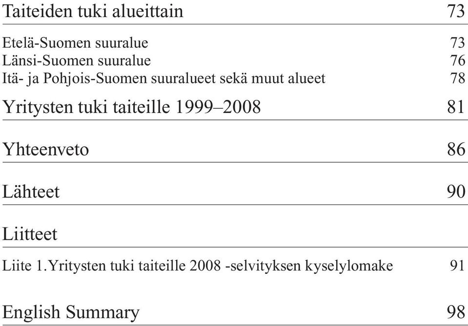 Yritysten tuki taiteille 1999 2008 81 Yhteenveto 86 Lähteet 90 Liitteet