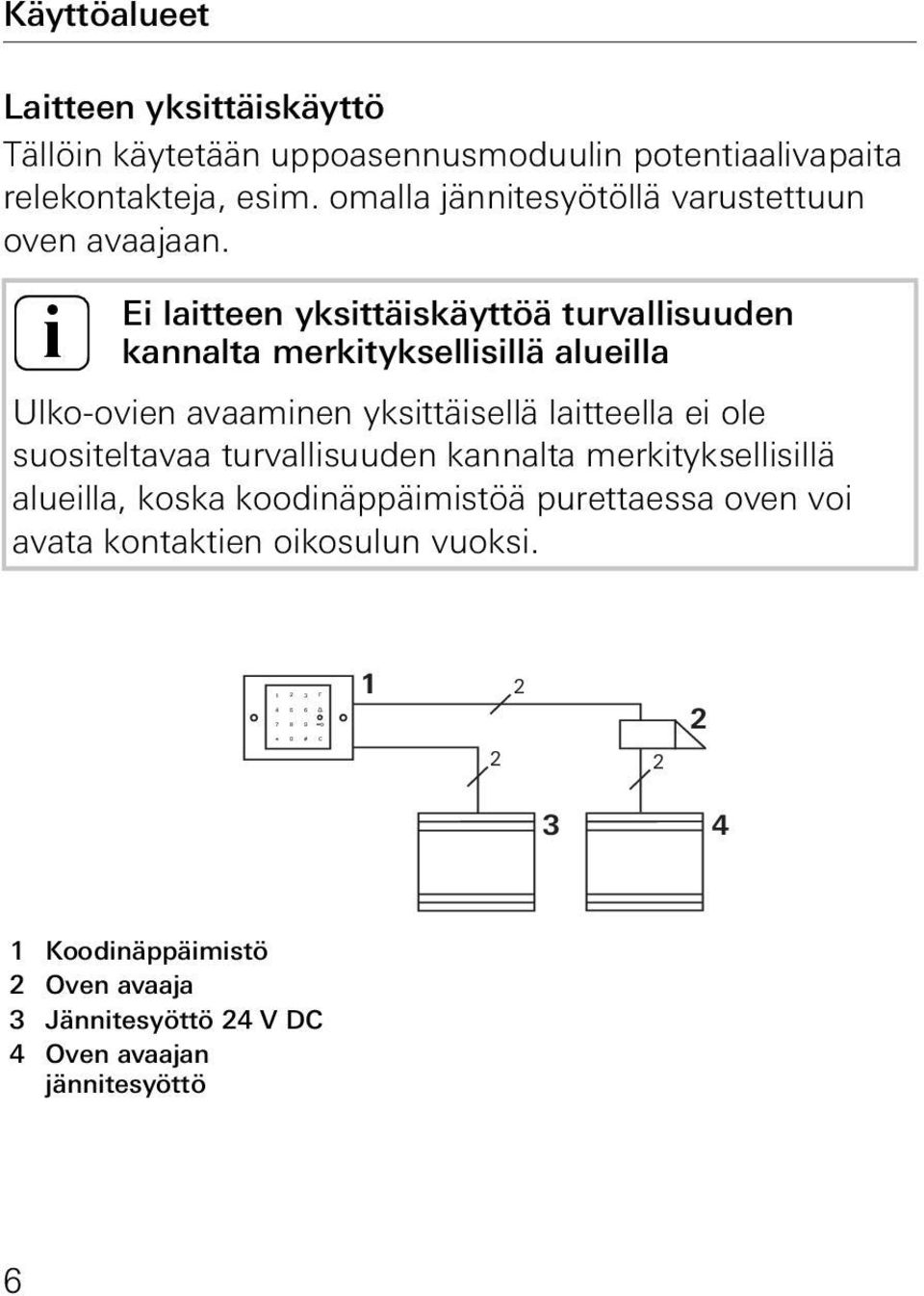 i Ei laitteen yksittäiskäyttöä turvallisuuden kannalta merkityksellisillä alueilla Ulko-ovien avaaminen yksittäisellä laitteella ei ole