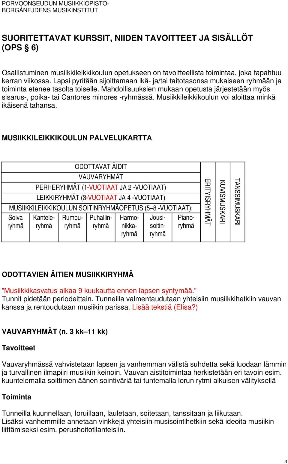 Mahdollisuuksien mukaan opetusta järjestetään myös sisarus-, poika- tai Cantores minores -ryhmässä. Musiikkileikkikoulun voi aloittaa minkä ikäisenä tahansa.