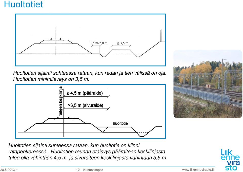 Huoltotien sijainti suhteessa rataan, kun huoltotie on kiinni ratapenkereessä.