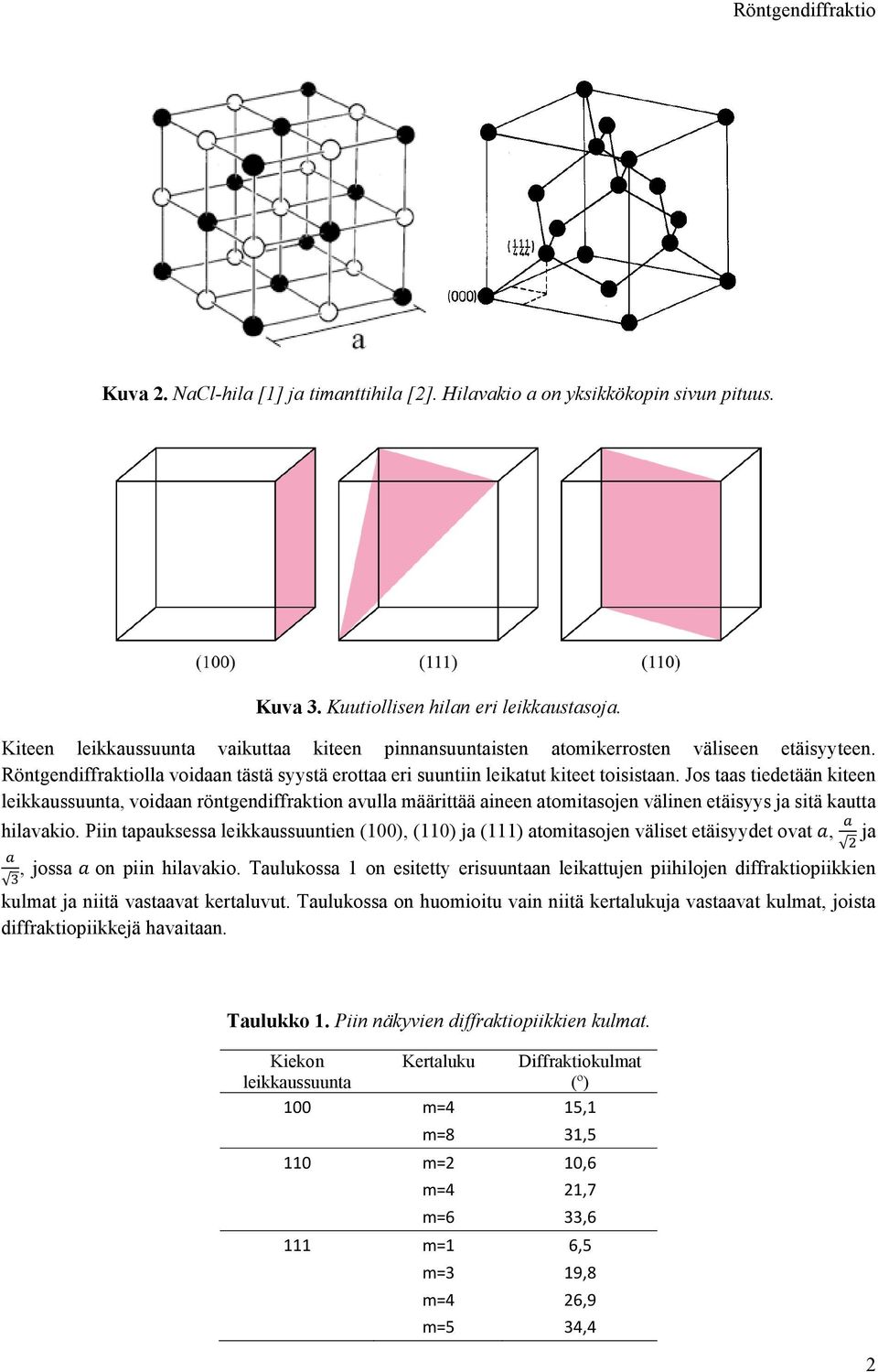 Jos taas tiedetään kiteen leikkaussuunta, voidaan röntgendiffraktion avulla määrittää aineen atomitasojen välinen etäisyys ja sitä kautta hilavakio.