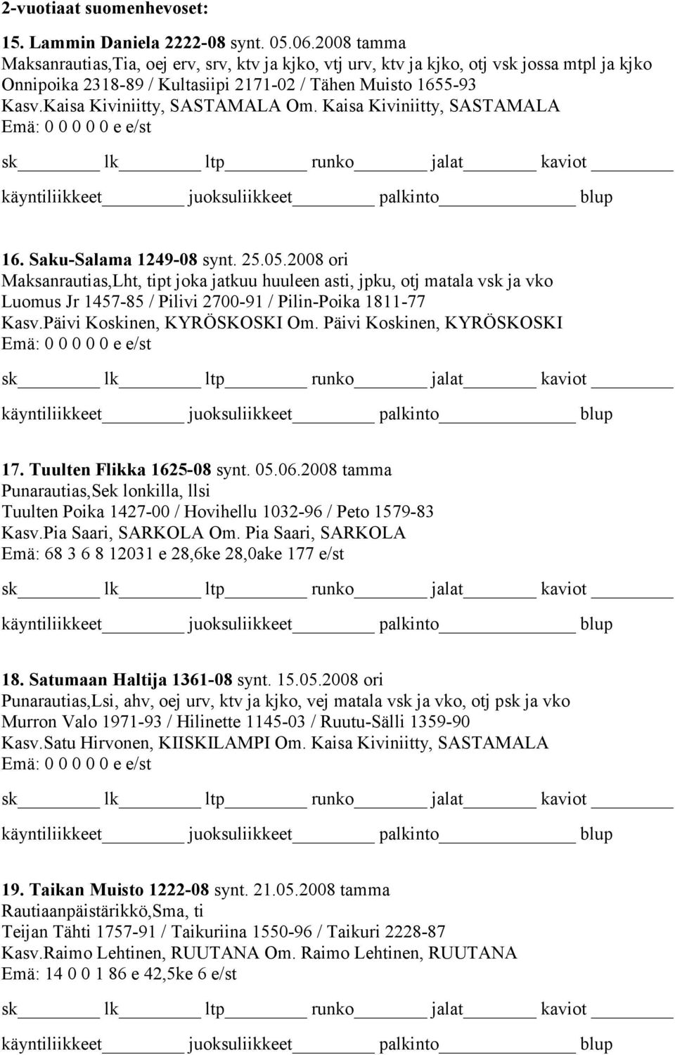 Kaisa Kiviniitty, SASTAMALA Om. Kaisa Kiviniitty, SASTAMALA 16. Saku-Salama 1249-08 synt. 25.05.