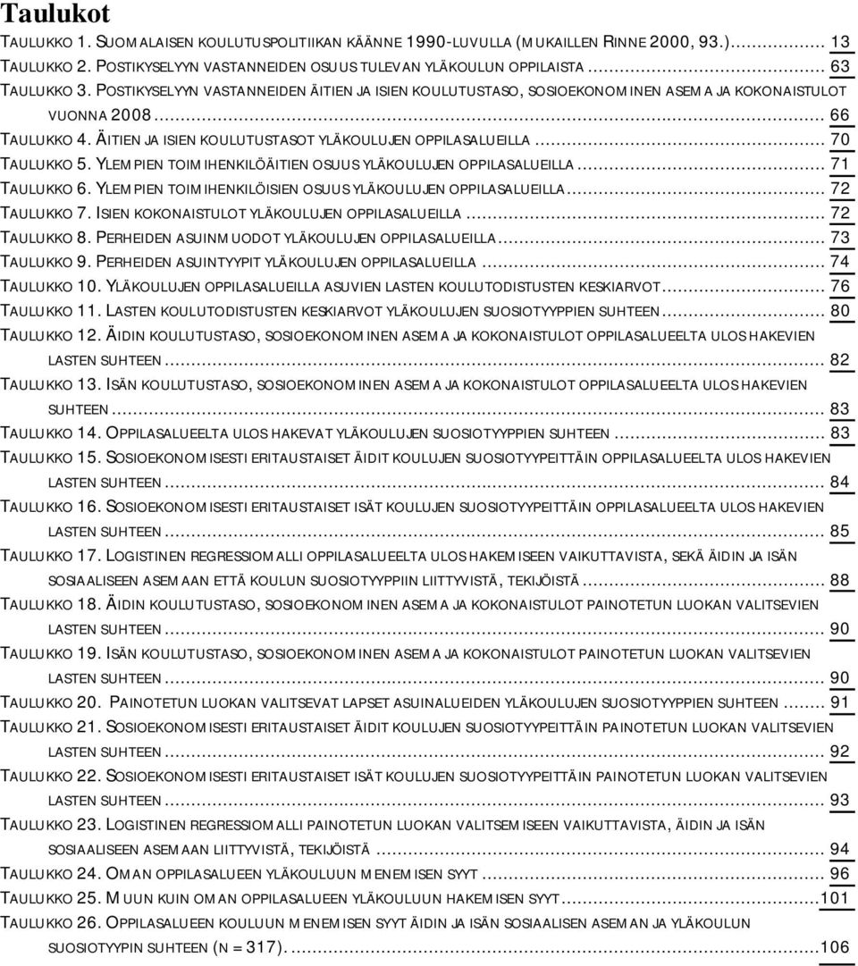 YLEMPIEN TOIMIHENKILÖÄITIEN OSUUS YLÄKOULUJEN OPPILASALUEILLA... 71 TAULUKKO 6. YLEMPIEN TOIMIHENKILÖISIEN OSUUS YLÄKOULUJEN OPPILASALUEILLA... 72 TAULUKKO 7.