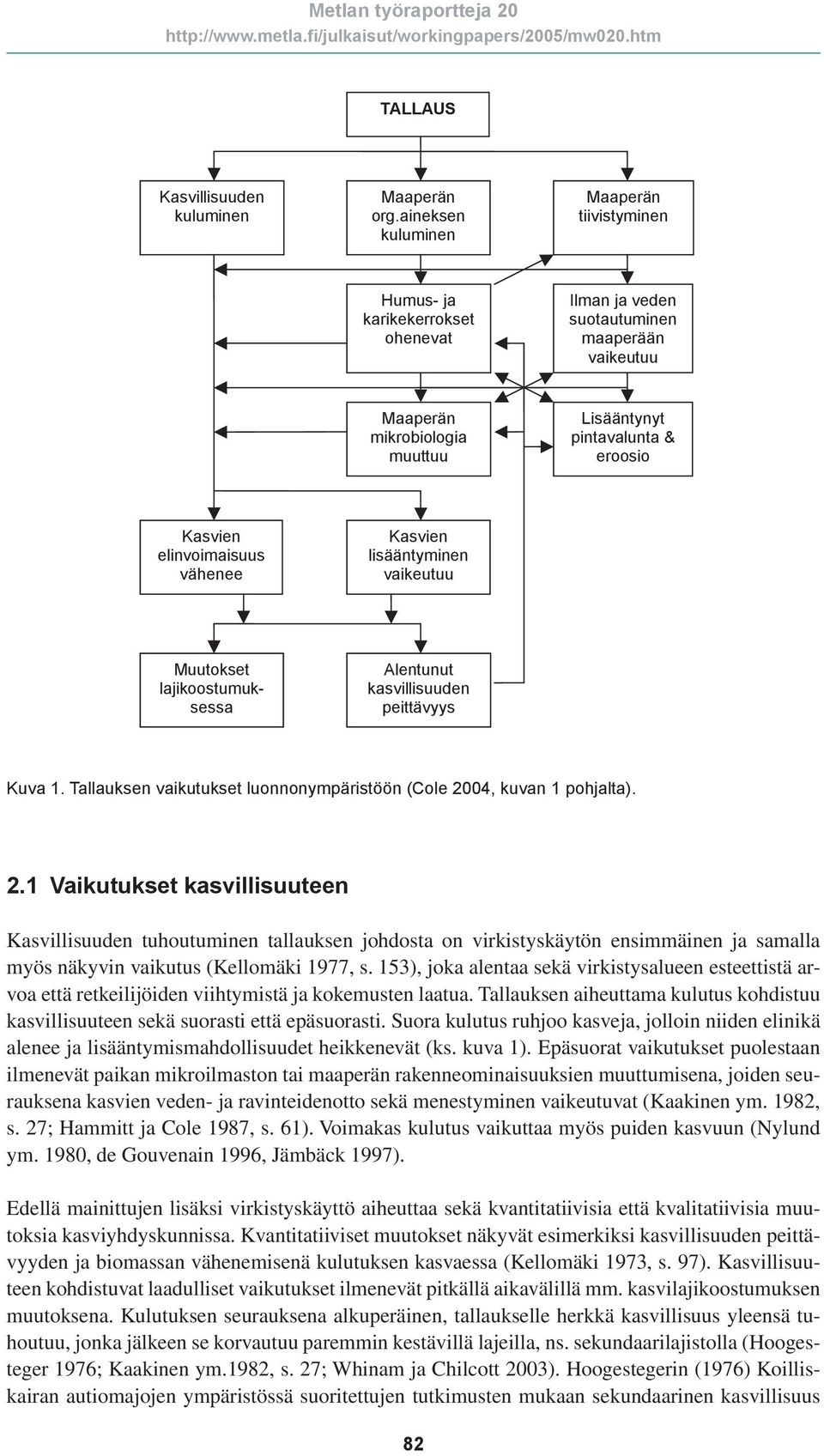 elinvoimaisuus vähenee Kasvien lisääntyminen vaikeutuu Muutokset lajikoostumuksessa Alentunut kasvillisuuden peittävyys Kuva 1. Tallauksen vaikutukset luonnonympäristöön (Cole 2004, kuvan 1 pohjalta).