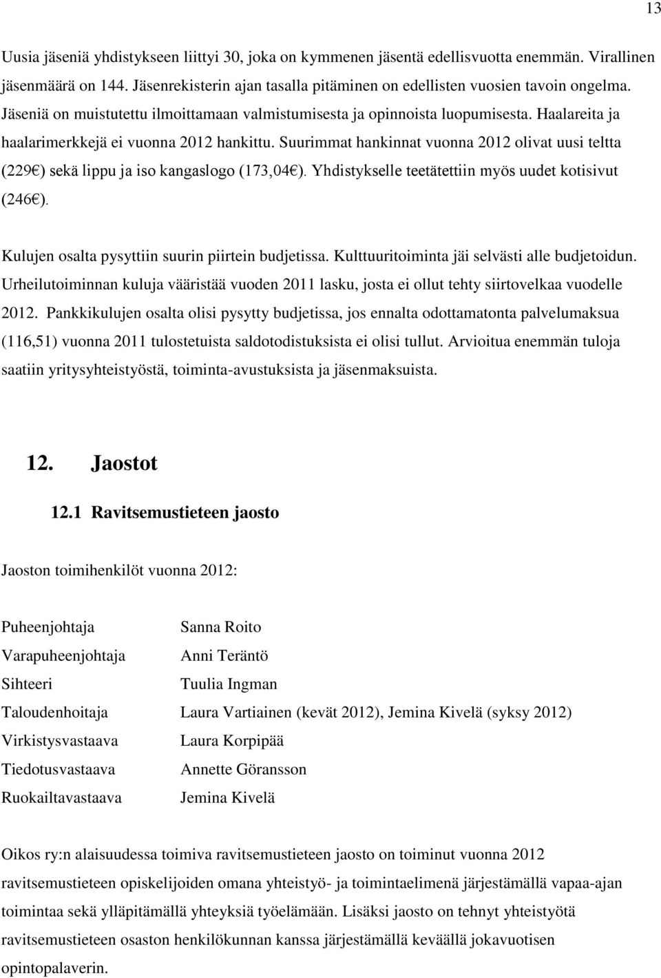 Suurimmat hankinnat vuonna 2012 olivat uusi teltta (229 ) sekä lippu ja iso kangaslogo (173,04 ). Yhdistykselle teetätettiin myös uudet kotisivut (246 ).