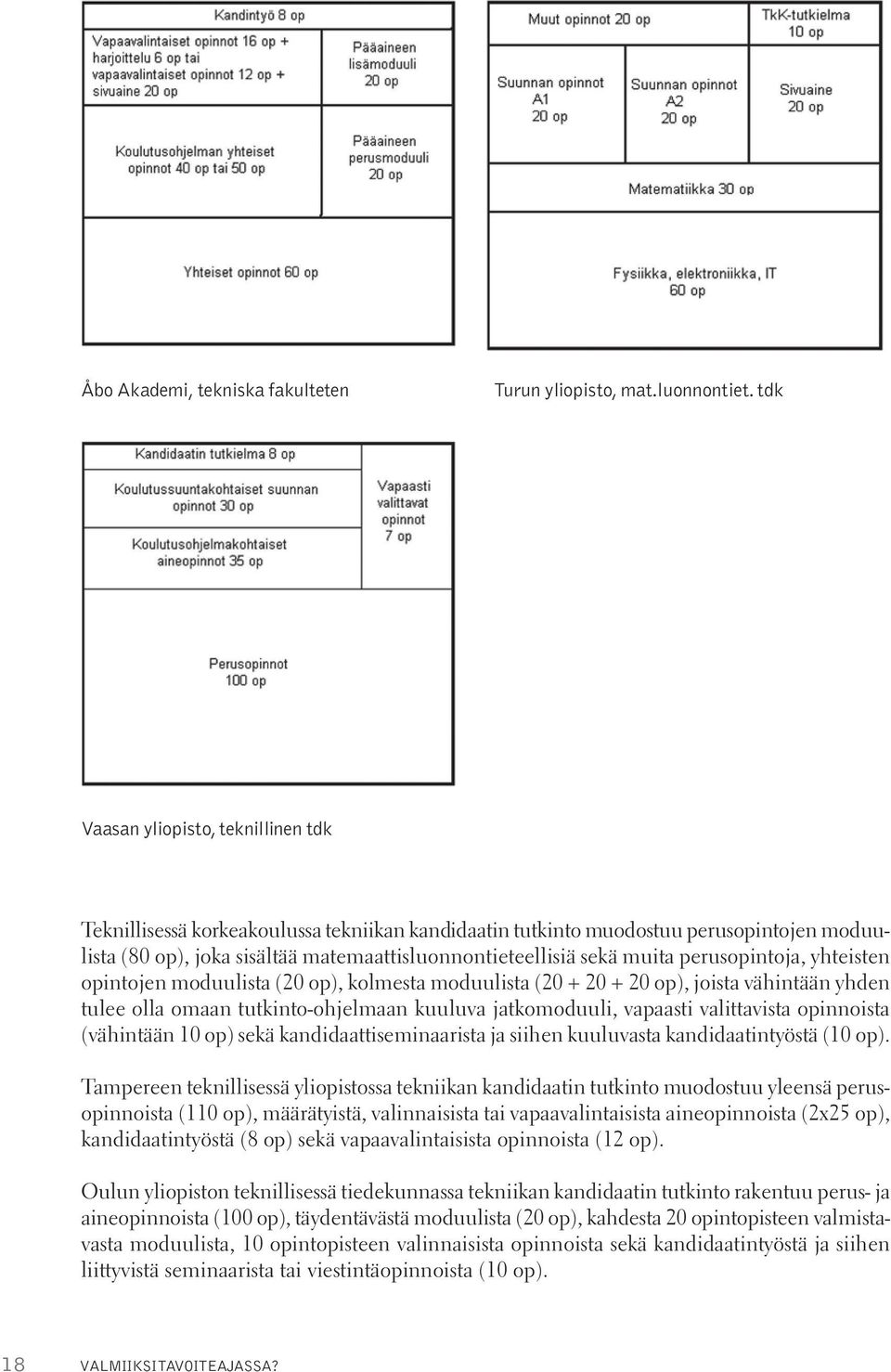 perusopintoja, yhteisten opintojen moduulista (20 op), kolmesta moduulista (20 + 20 + 20 op), joista vähintään yhden tulee olla omaan tutkinto-ohjelmaan kuuluva jatkomoduuli, vapaasti valittavista