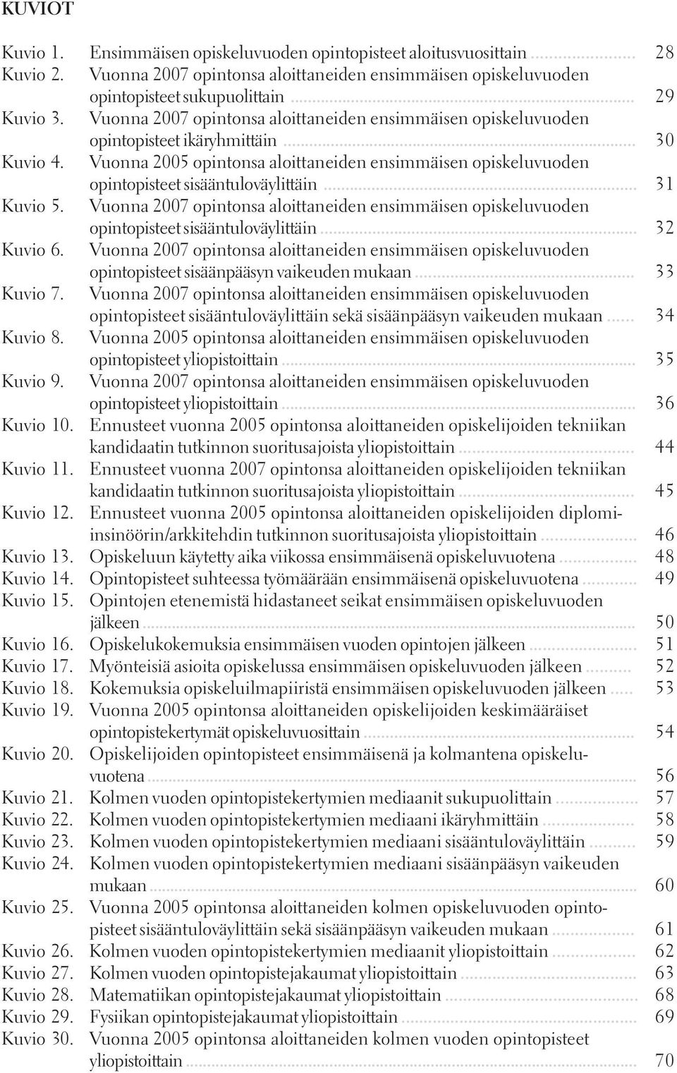 Vuonna 2005 opintonsa aloittaneiden ensimmäisen opiskeluvuoden opintopisteet sisääntuloväylittäin... 31 Kuvio 5.