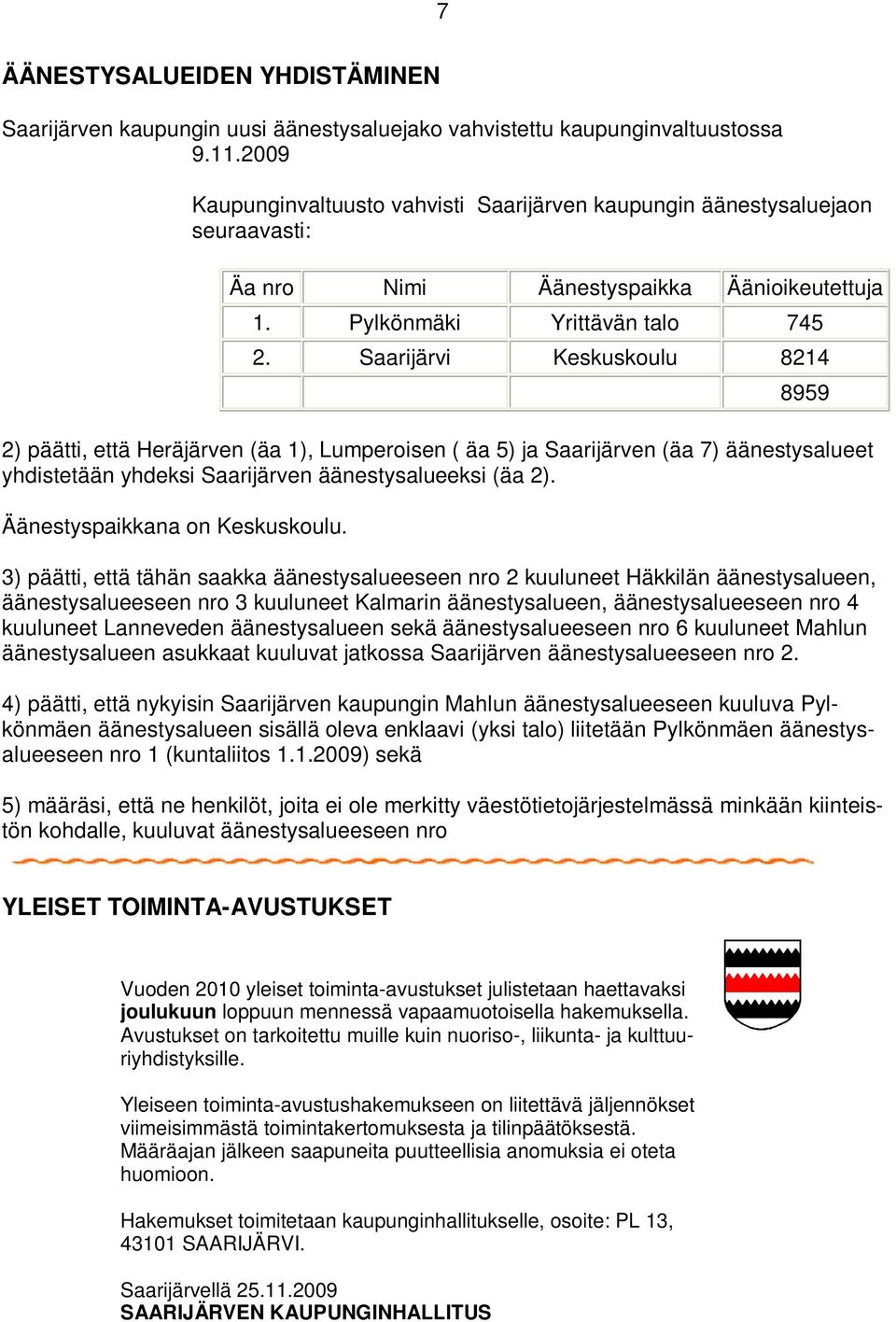 Saarijärvi Keskuskoulu 8214 8959 2) päätti, että Heräjärven (äa 1), Lumperoisen ( äa 5) ja Saarijärven (äa 7) äänestysalueet yhdistetään yhdeksi Saarijärven äänestysalueeksi (äa 2).