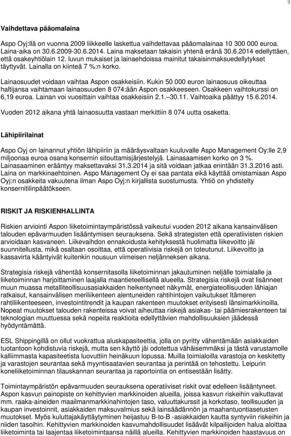 Kukin 50 000 euron lainaosuus oikeuttaa haltijansa vaihtamaan lainaosuuden 8 074:ään Aspon osakkeeseen. Osakkeen vaihtokurssi on 6,19 euroa. Lainan voi vuosittain vaihtaa osakkeisiin 2.1. 30.11.