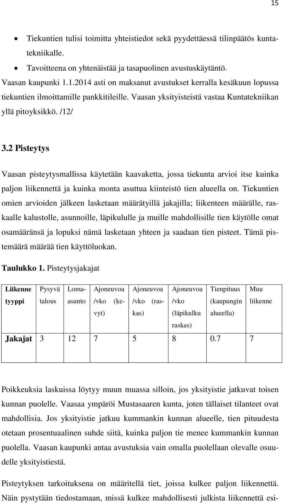 2 Pisteytys Vaasan pisteytysmallissa käytetään kaavaketta, jossa tiekunta arvioi itse kuinka paljon liikennettä ja kuinka monta asuttua kiinteistö tien alueella on.