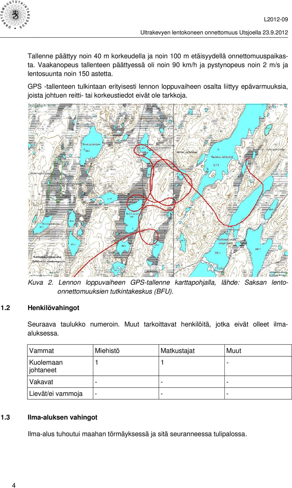 GPS -tallenteen tulkintaan erityisesti lennon loppuvaiheen osalta liittyy epävarmuuksia, joista johtuen reitti- tai korkeustiedot eivät ole tarkkoja. Kuva 2.