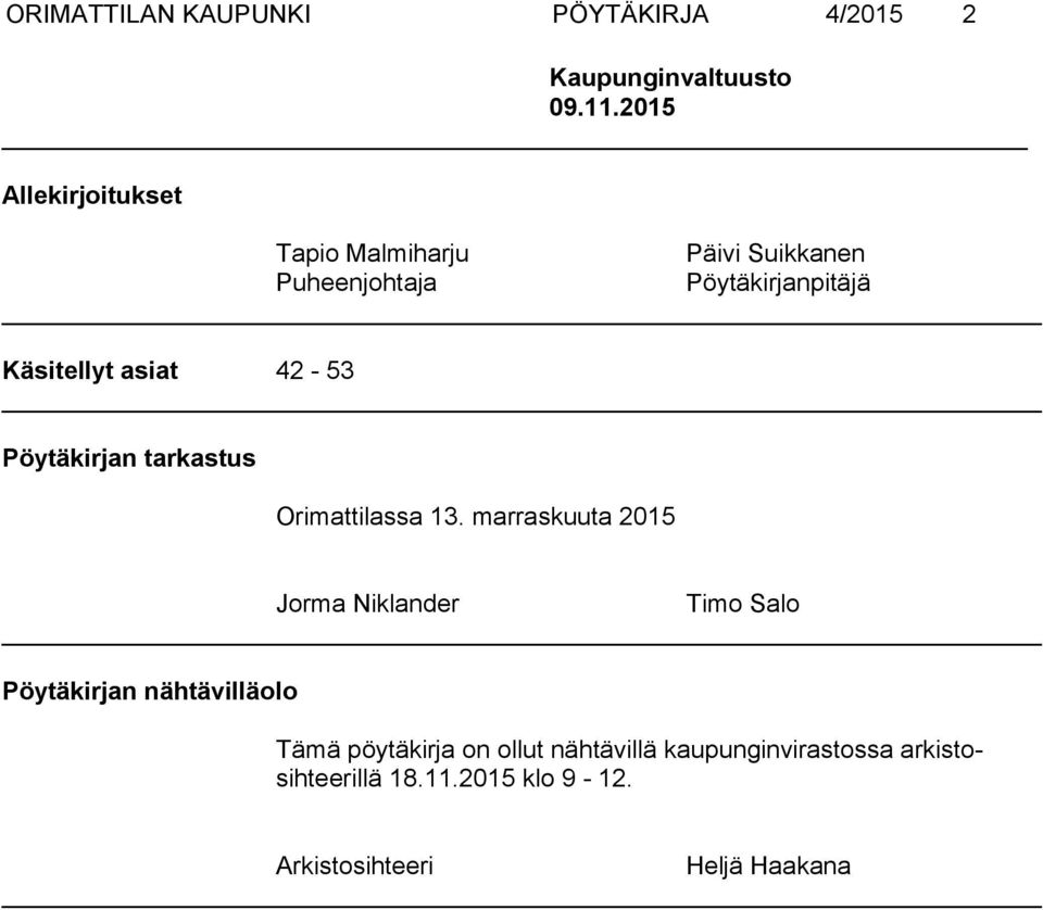 asiat 42-53 Pöytäkirjan tarkastus Orimattilassa 13.