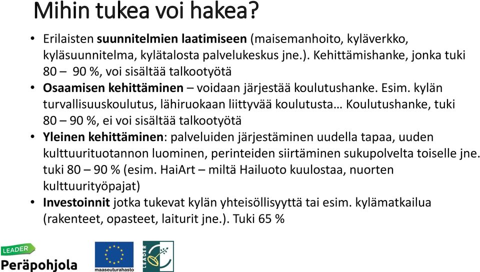 kylän turvallisuuskoulutus, lähiruokaan liittyvää koulutusta Koulutushanke, tuki 80 90 %, ei voi sisältää talkootyötä Yleinen kehittäminen: palveluiden järjestäminen uudella tapaa,