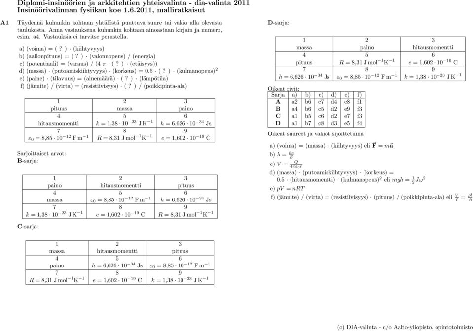 ) (valonnopeus) / (energia) c) (potentiaali) = (varaus) / (4 π (? ) (etäisyys)) d) (massa) (putoamiskiihtyvyys) (korkeus) = 0.5 (? ) (kulmanopeus) 2 e) (paine) (tilavuus) = (ainemäärä) (?