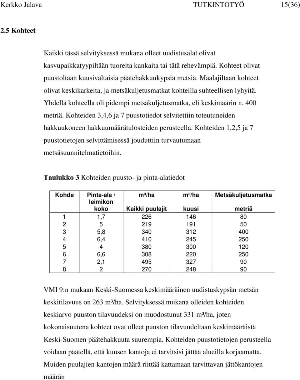 Yhdellä kohteella oli pidempi metsäkuljetusmatka, eli keskimäärin n. 400 metriä. Kohteiden 3,4,6 ja 7 puustotiedot selvitettiin toteutuneiden hakkuukoneen hakkuumäärätulosteiden perusteella.