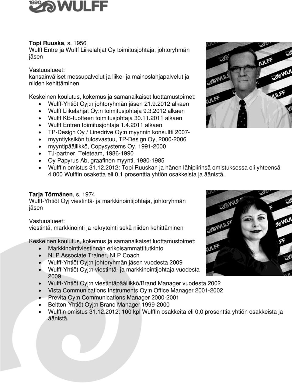 21.9.2012 alkaen Wulff Liikelahjat Oy:n toimitusjohtaja 9.3.2012 alkaen Wulff KB-tuotteen toimitusjohtaja 30.11.2011 alkaen Wulff Entren toimitusjohtaja 1.4.