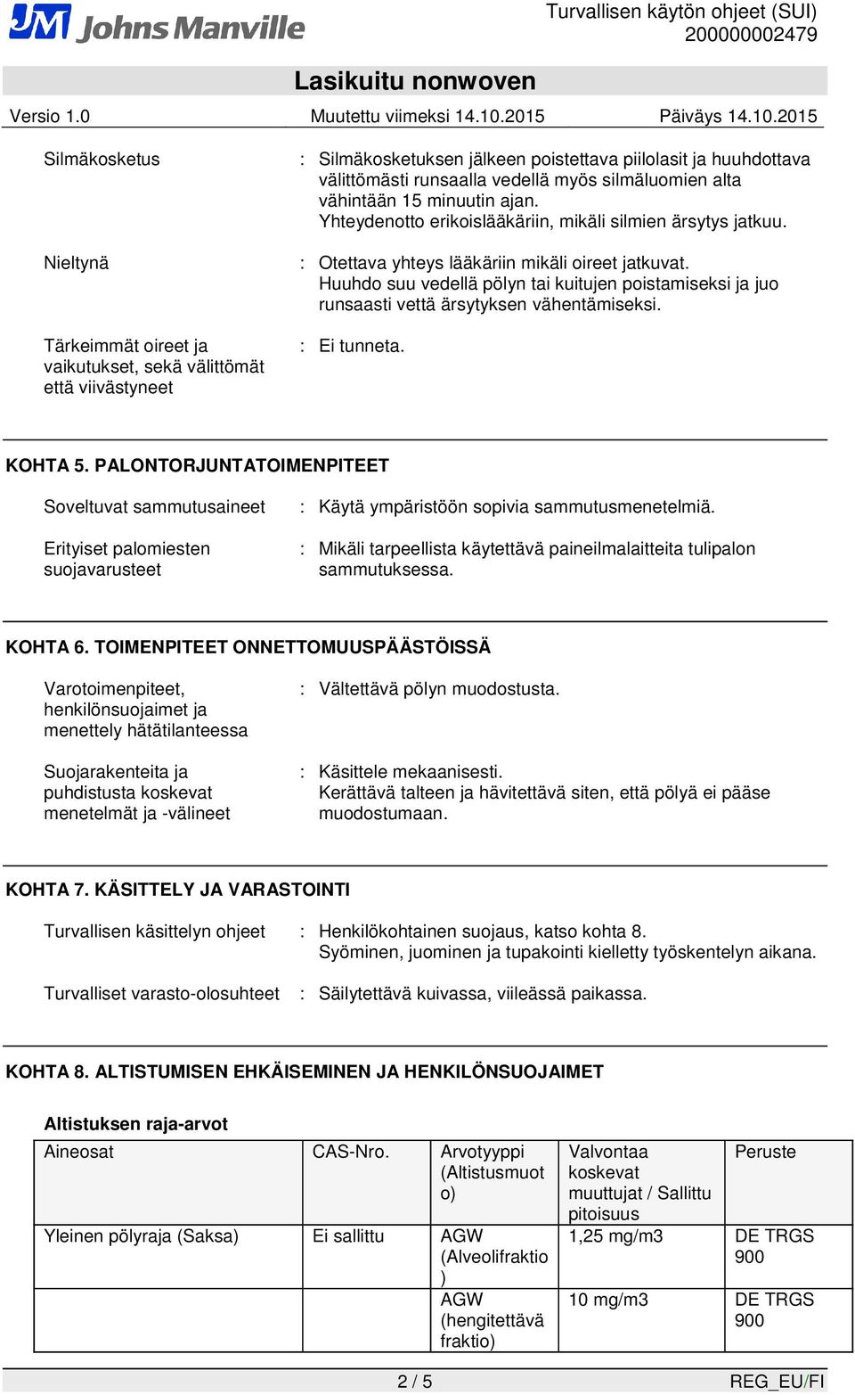 Huuhdo suu vedellä pölyn tai kuitujen poistamiseksi ja juo runsaasti vettä ärsytyksen vähentämiseksi. : Ei tunneta. KOHTA 5.