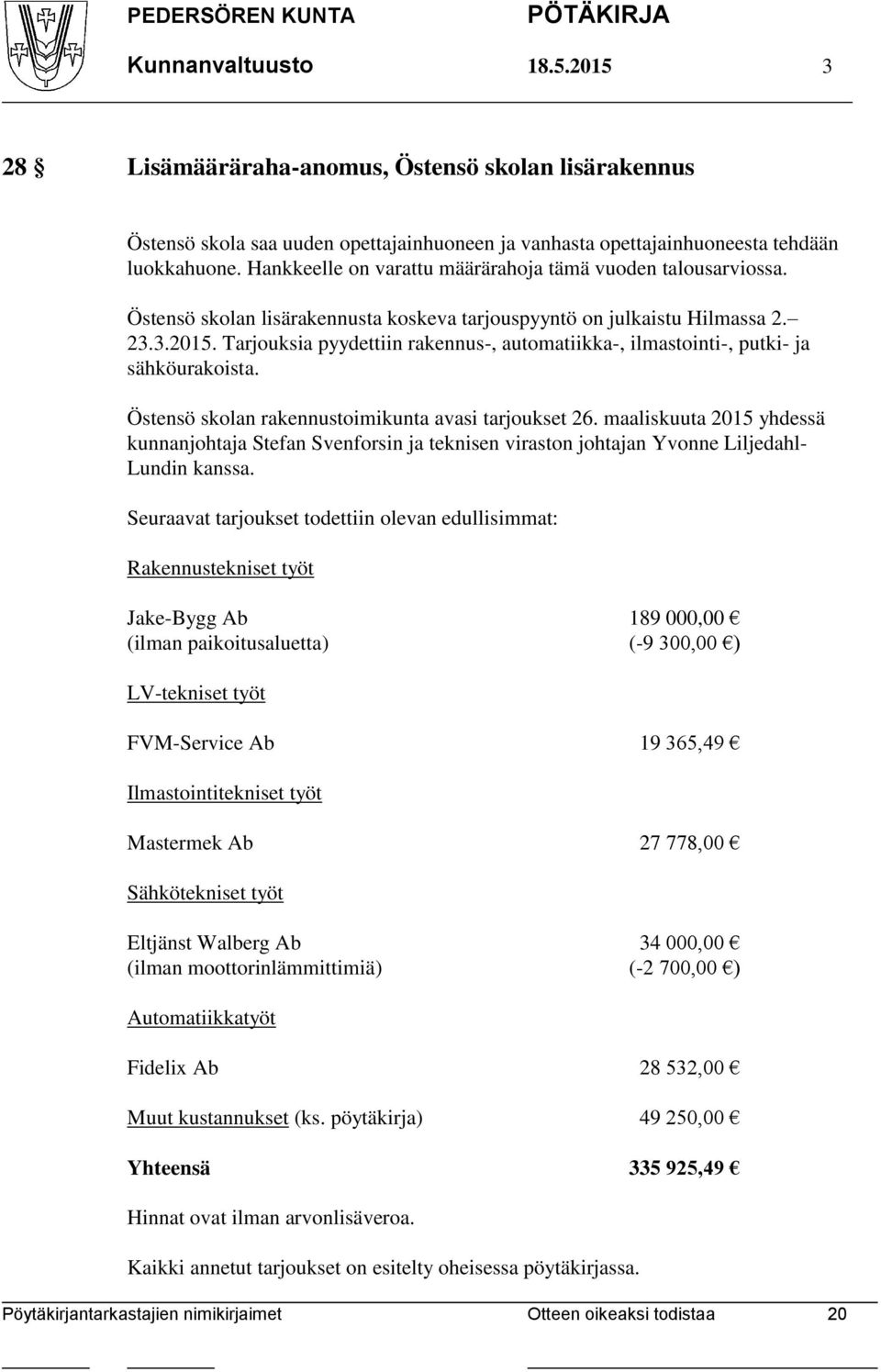 Tarjouksia pyydettiin rakennus-, automatiikka-, ilmastointi-, putki- ja sähköurakoista. Östensö skolan rakennustoimikunta avasi tarjoukset 26.