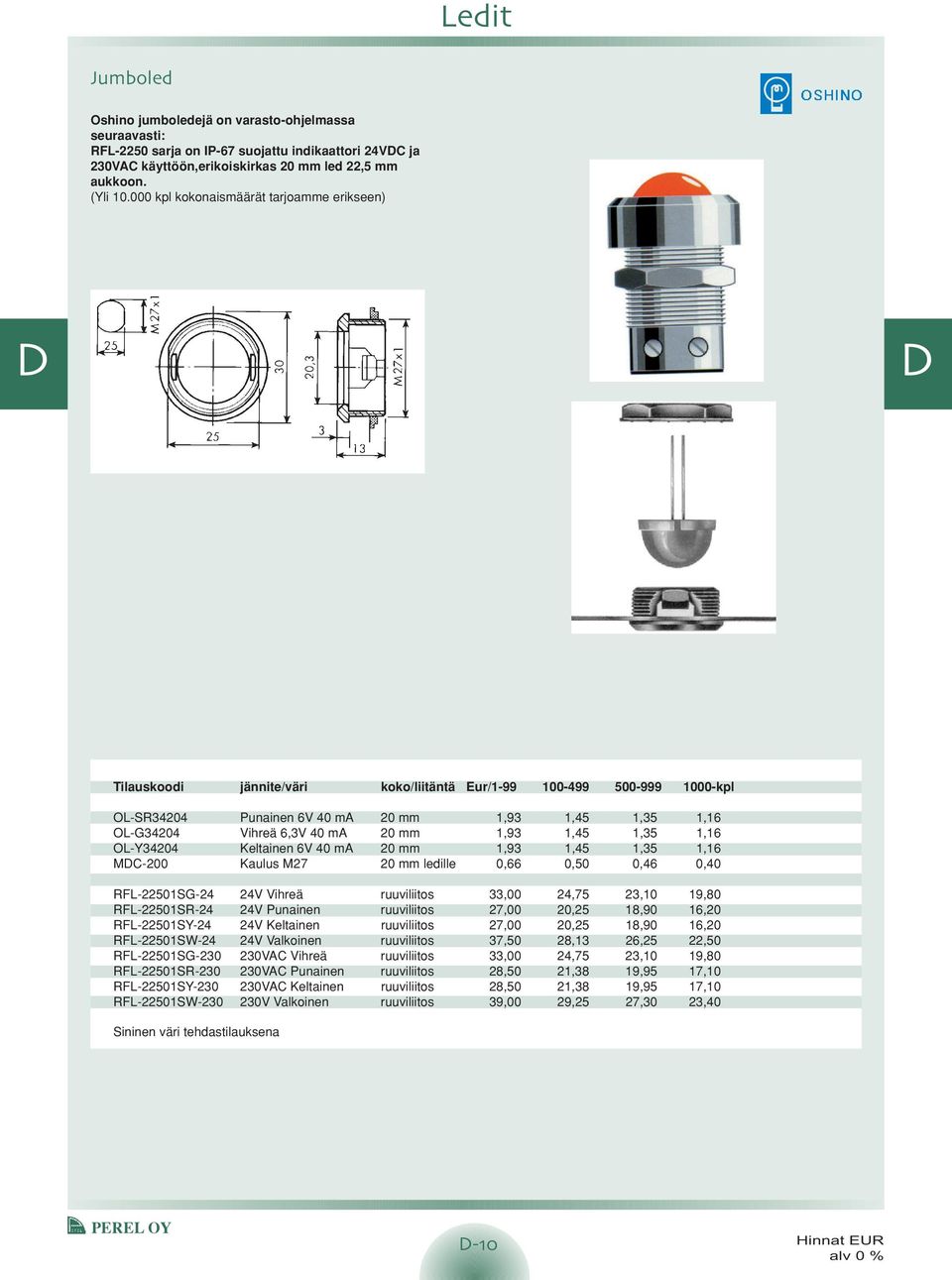 20 mm 1,93 1,45 1,35 1,16 OL-Y34204 Keltainen 6V 40 ma 20 mm 1,93 1,45 1,35 1,16 MC-200 Kaulus M27 20 mm ledille 0,66 0,50 0,46 0,40 RFL-22501SG-24 24V Vihreä ruuviliitos 33,00 24,75 23,10 19,80