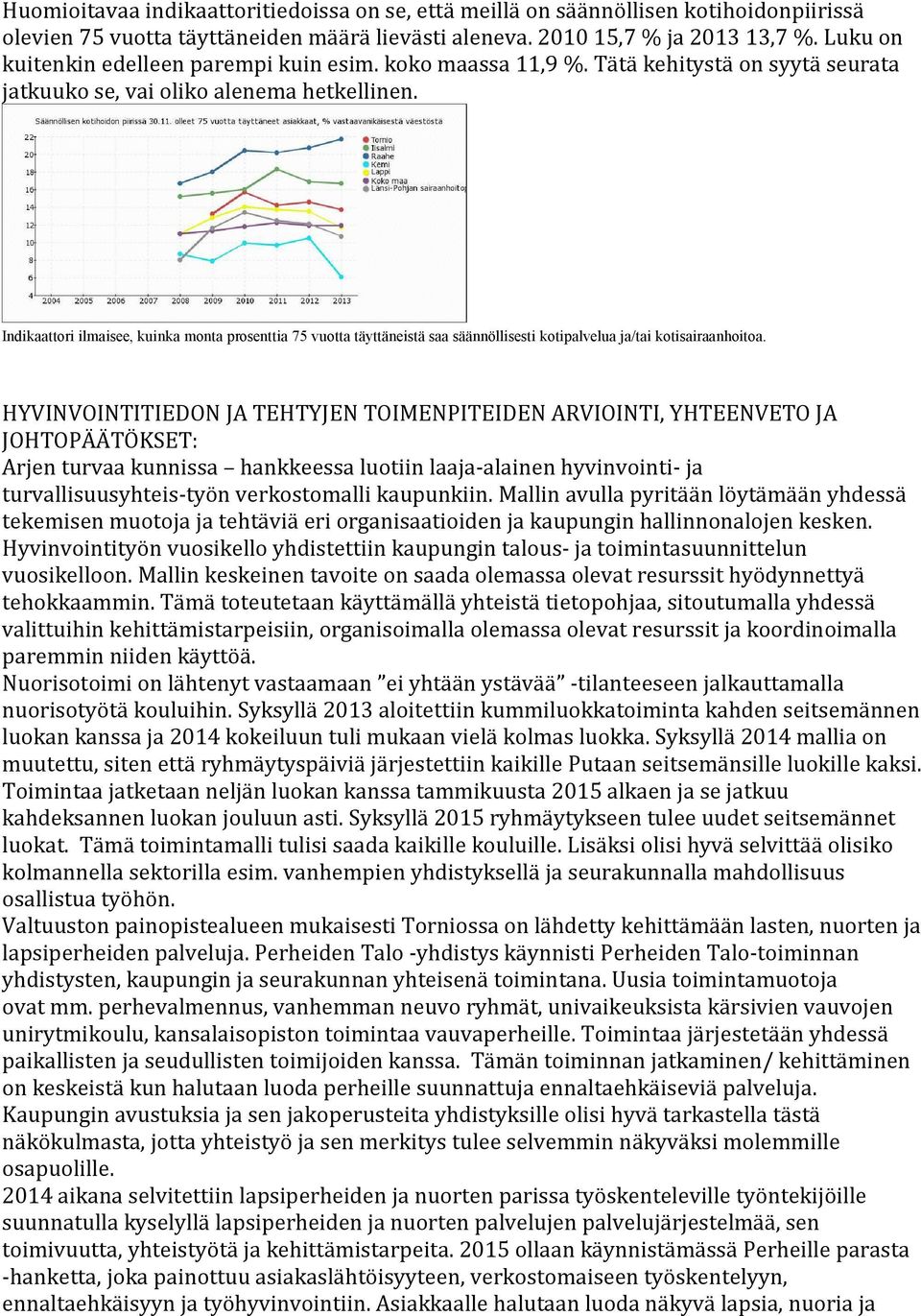 Indikaattori ilmaisee, kuinka monta prosenttia 75 vuotta täyttäneistä saa säännöllisesti kotipalvelua ja/tai kotisairaanhoitoa.