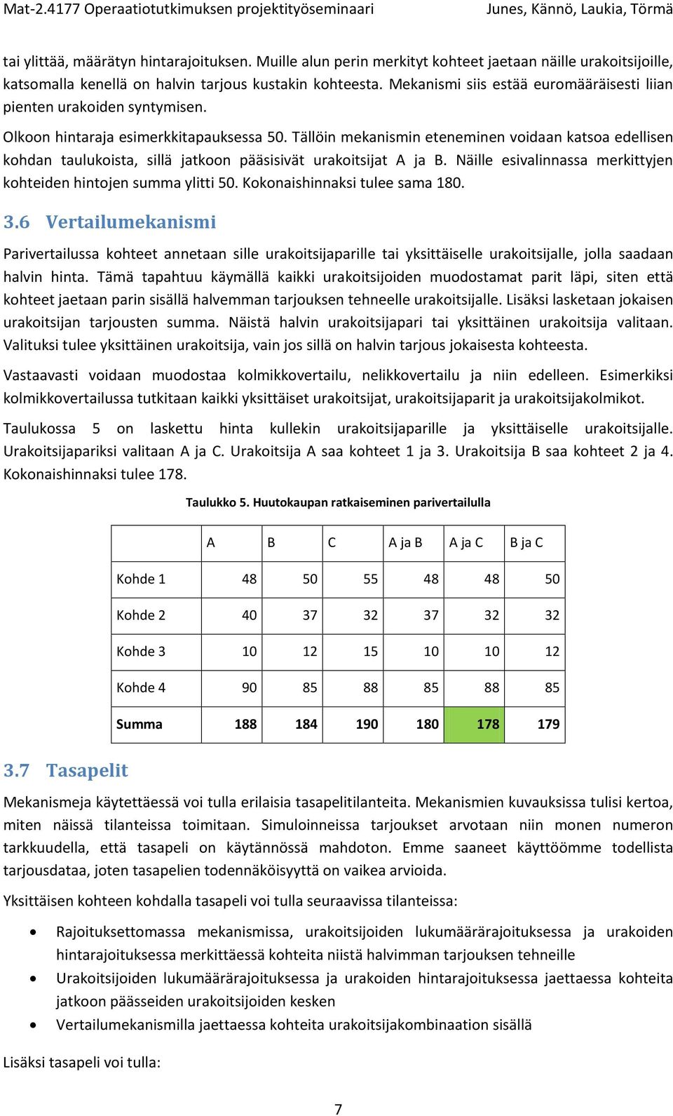 Tällöin mekanismin eteneminen voidaan katsoa edellisen kohdan taulukoista, sillä jatkoon pääsisivät urakoitsijat A ja B. Näille esivalinnassa merkittyjen kohteiden hintojen summa ylitti 50.