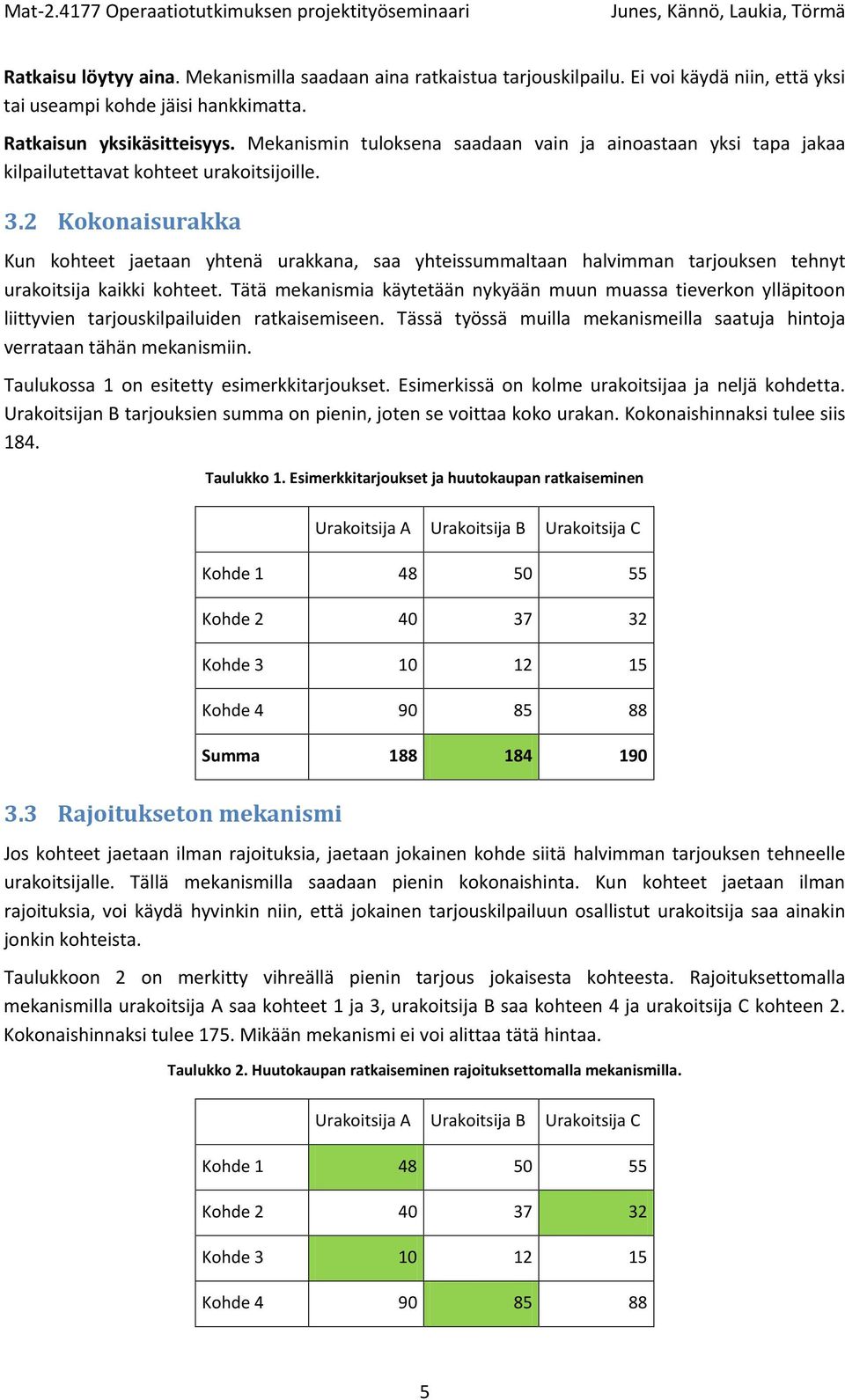 2 Kokonaisurakka Kun kohteet jaetaan yhtenä urakkana, saa yhteissummaltaan halvimman tarjouksen tehnyt urakoitsija kaikki kohteet.