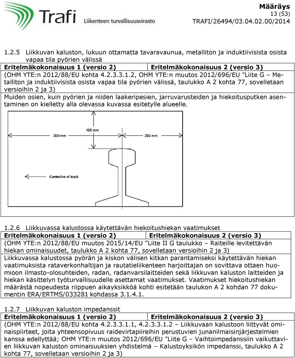 2012/88/EU kohta 4.2.3.3.1.2, OHM YTE:n muutos 2012/696/EU Liite G Metalliton ja induktiivisista osista vapaa tila pyörien välissä, taulukko A 2 kohta 77, sovelletaan versioihin 2 ja 3) Muiden osien,