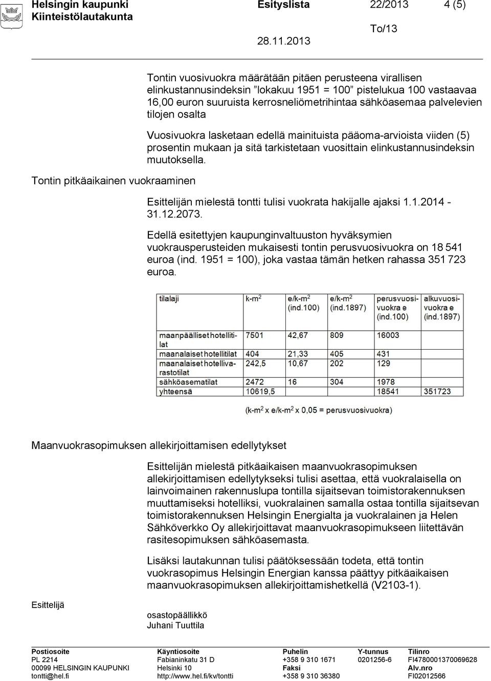 2073. Edellä esitettyjen kaupunginvaltuuston hyväksymien vuokrausperusteiden mukaisesti tontin perusvuosivuokra on 18 541 euroa (ind. 1951 = 100), joka vastaa tämän hetken rahassa 351 723 euroa.